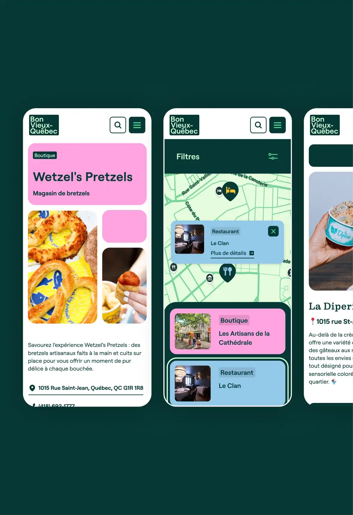 Maquette présentant les différentes interfaces sur mobile de la Société de développement commercial du Vieux-Québec.