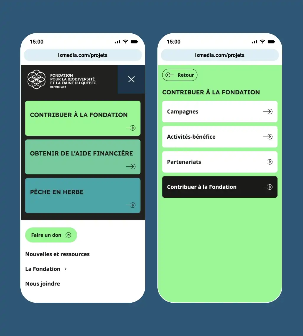 Trois sections du menu du site de la FBFQ