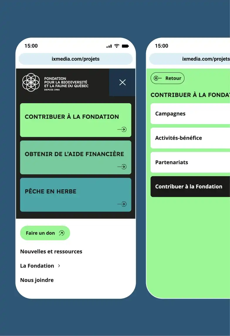 Trois sections du menu du site de la FBFQ- mobile